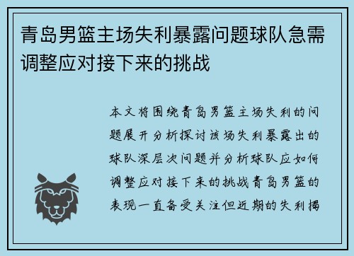 青岛男篮主场失利暴露问题球队急需调整应对接下来的挑战