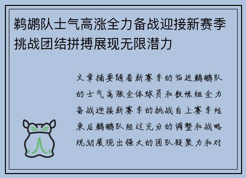 鹈鹕队士气高涨全力备战迎接新赛季挑战团结拼搏展现无限潜力