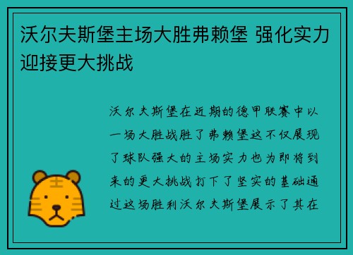 沃尔夫斯堡主场大胜弗赖堡 强化实力迎接更大挑战