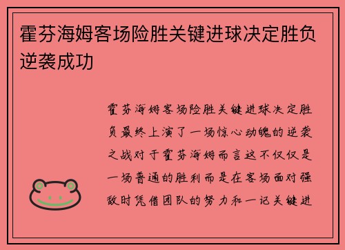 霍芬海姆客场险胜关键进球决定胜负逆袭成功