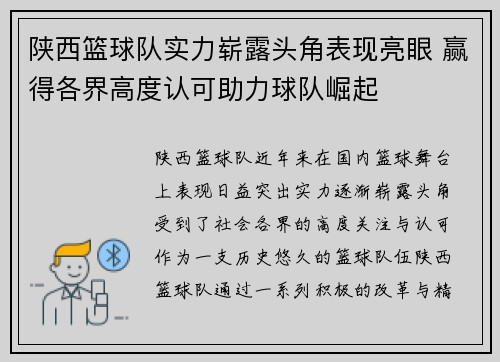 陕西篮球队实力崭露头角表现亮眼 赢得各界高度认可助力球队崛起