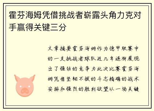 霍芬海姆凭借挑战者崭露头角力克对手赢得关键三分