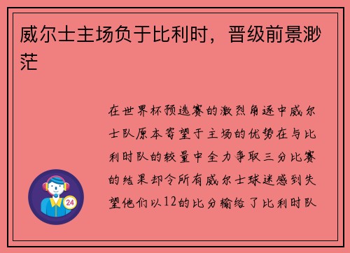 威尔士主场负于比利时，晋级前景渺茫