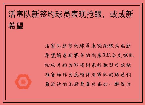 活塞队新签约球员表现抢眼，或成新希望