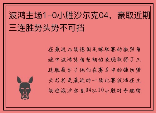 波鸿主场1-0小胜沙尔克04，豪取近期三连胜势头势不可挡