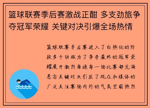 篮球联赛季后赛激战正酣 多支劲旅争夺冠军荣耀 关键对决引爆全场热情